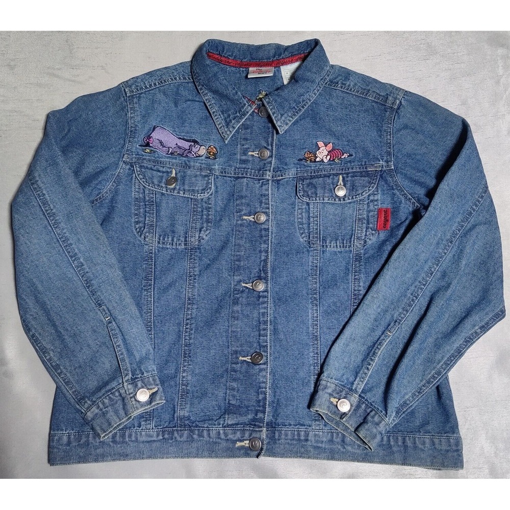 VTG DISNEY STORE EEYORE Women Medium PIGLET Mushrooms Embroidered Jean Jacket